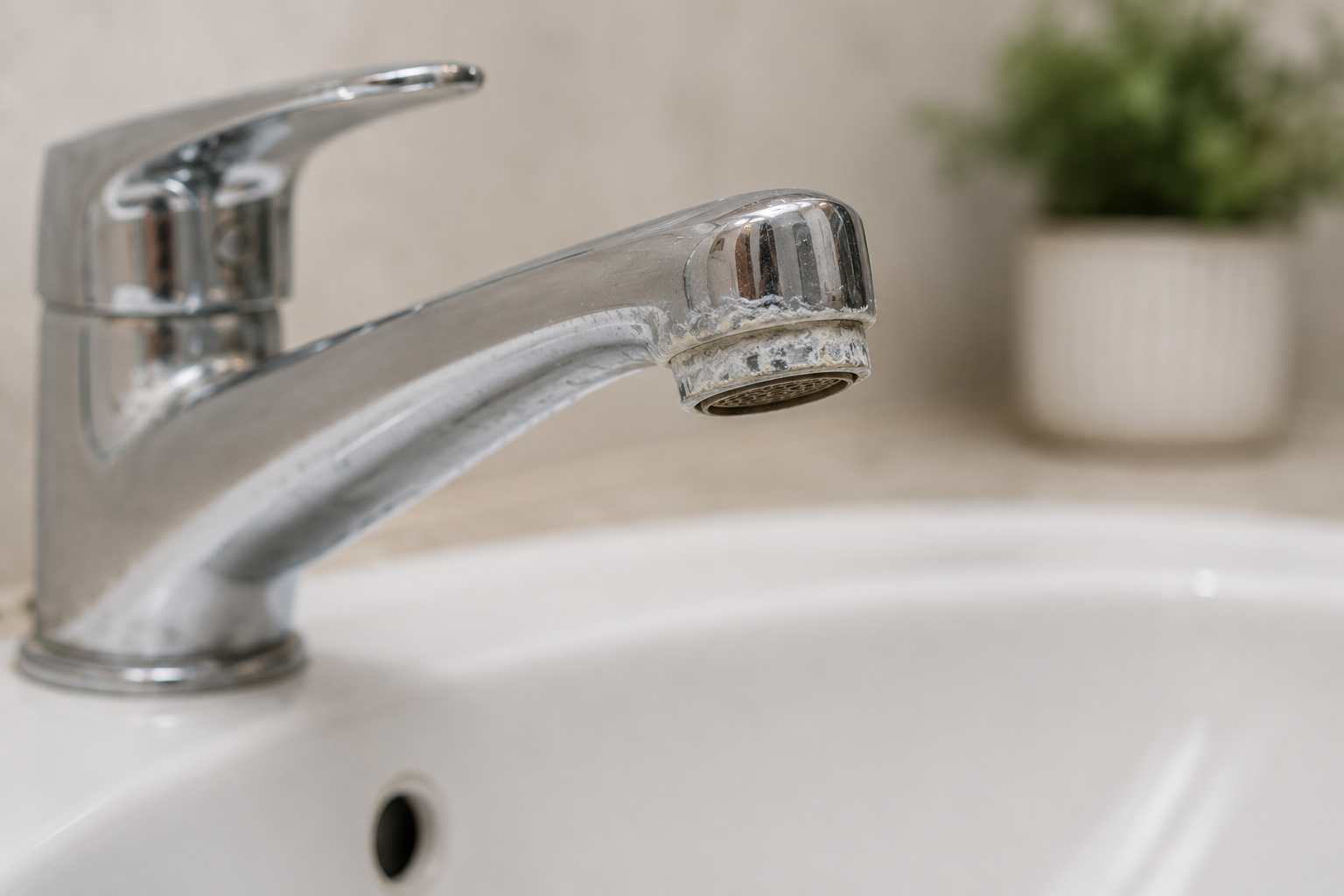 Chrome bathroom faucet with visible white hard water mineral buildup around the aerator.